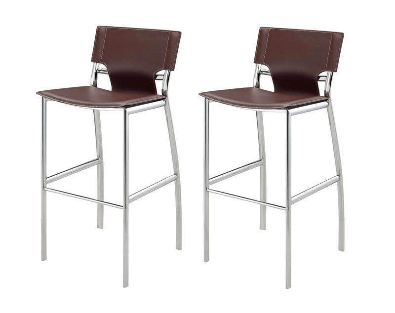 Set of Two 25" Brown and Silver Faux Leather and Metal Low Back Counter Height Bar Chairs Homeroots Living Room