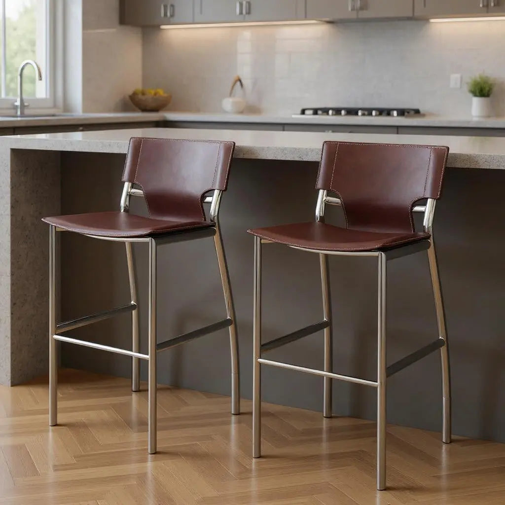 Set of Two 25" Brown and Silver Faux Leather and Metal Low Back Counter Height Bar Chairs Homeroots Living Room