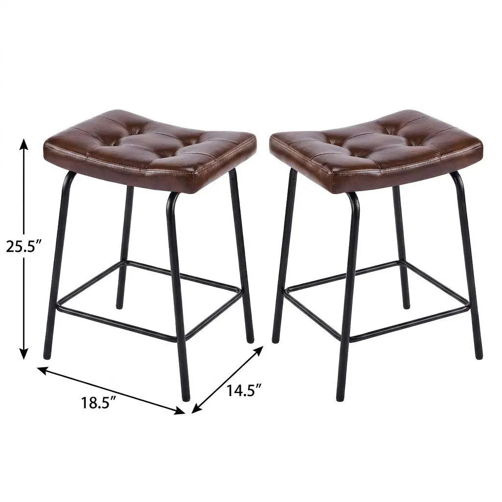 Set of Two 25" Dark Brown and Black Faux Leather and Metal Counter Height Bar Chairs Homeroots Living Room