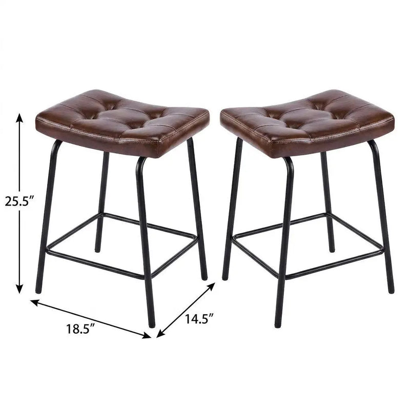 Set of Two 25" Dark Brown and Black Faux Leather and Metal Counter Height Bar Chairs Homeroots Living Room