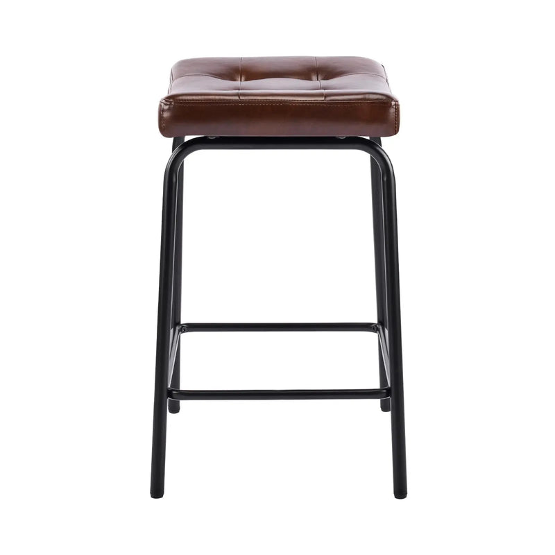 Set of Two 25" Dark Brown and Black Faux Leather and Metal Counter Height Bar Chairs Homeroots Living Room