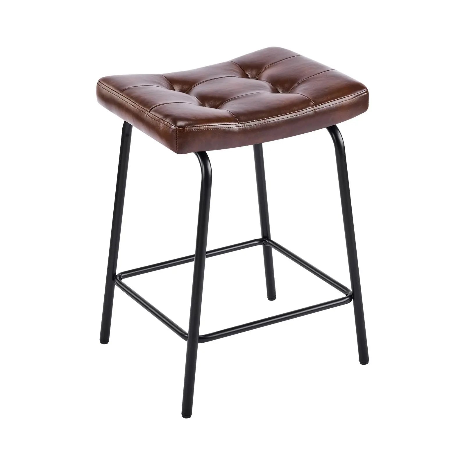 Set of Two 25" Dark Brown and Black Faux Leather and Metal Counter Height Bar Chairs Homeroots Living Room