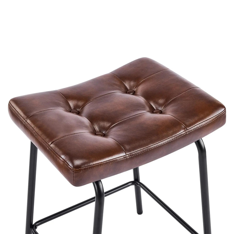 Set of Two 25" Dark Brown and Black Faux Leather and Metal Counter Height Bar Chairs Homeroots Living Room