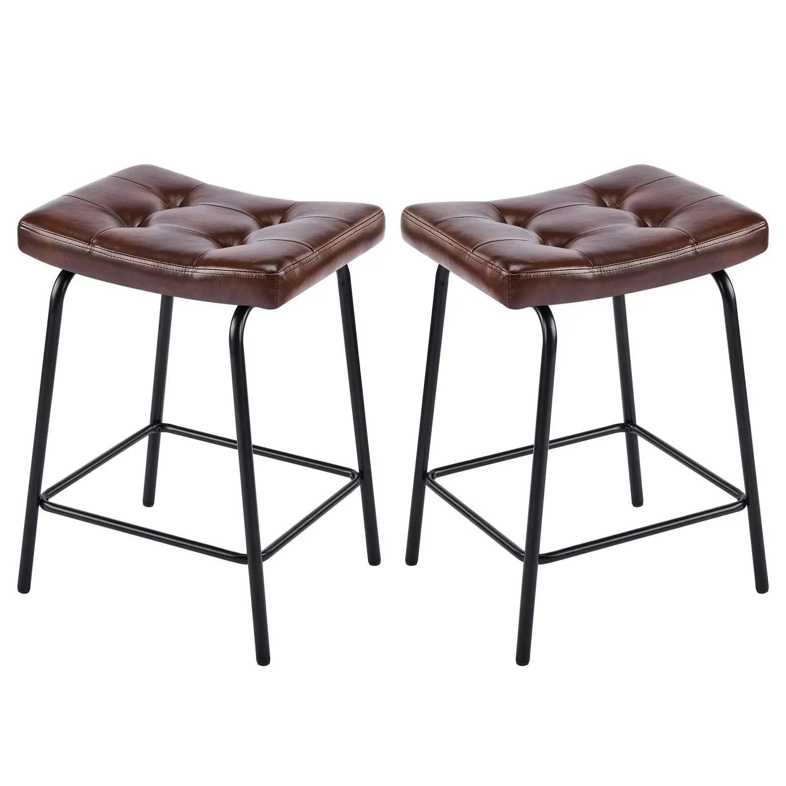 Set of Two 25" Dark Brown and Black Faux Leather and Metal Counter Height Bar Chairs Homeroots Living Room
