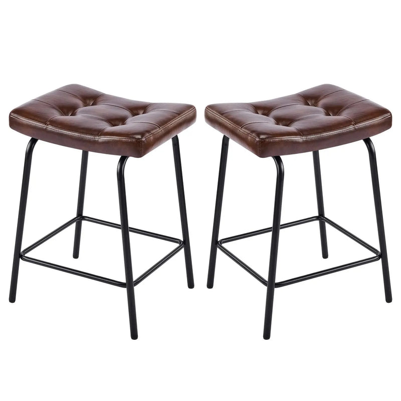 Set of Two 25" Dark Brown and Black Faux Leather and Metal Counter Height Bar Chairs Homeroots Living Room