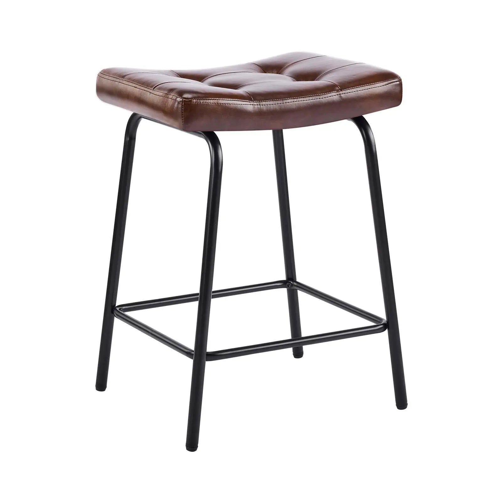 Set of Two 25" Dark Brown and Black Faux Leather and Metal Counter Height Bar Chairs Homeroots Living Room