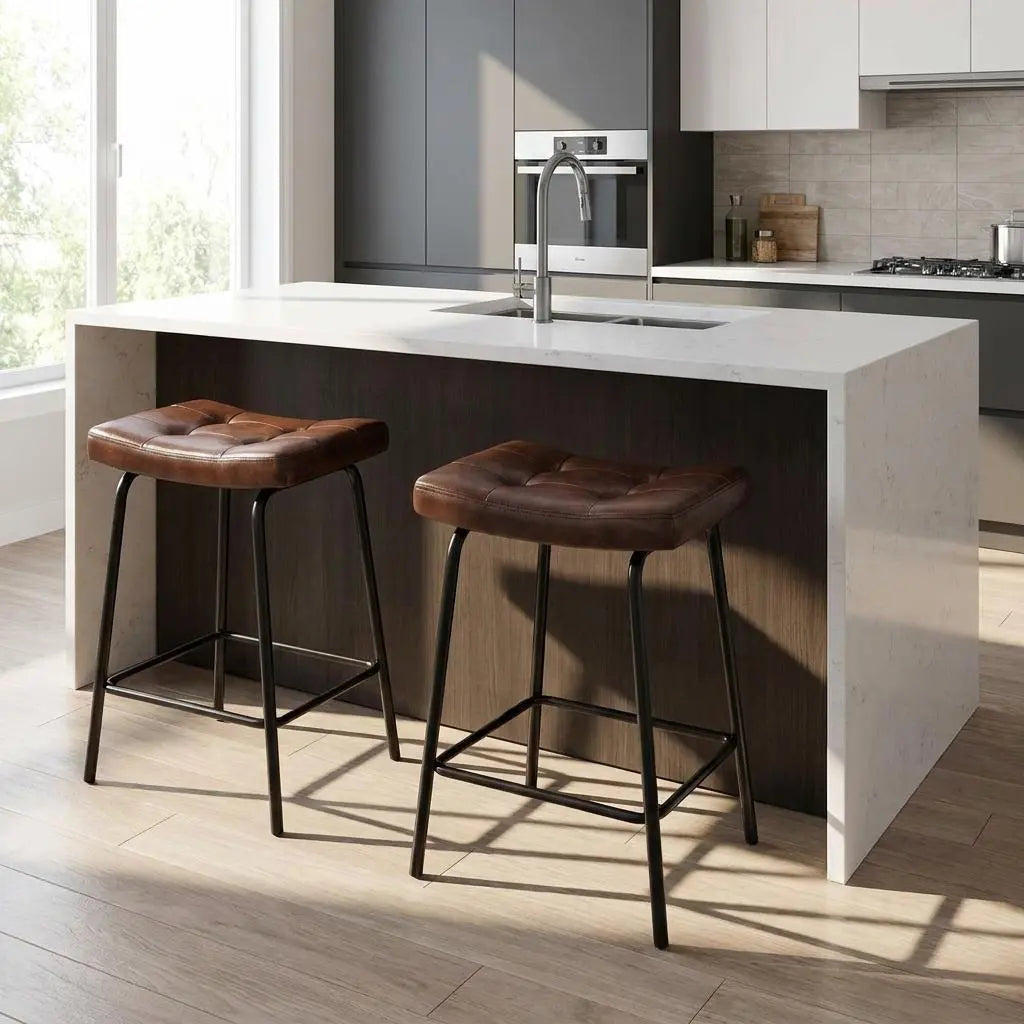 Set of Two 25" Dark Brown and Black Faux Leather and Metal Counter Height Bar Chairs Homeroots Living Room
