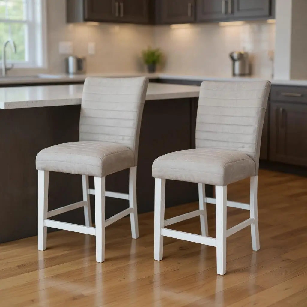 Set of Two 25" Gray and White Velvet and Solid Wood Counter Height Bar Chairs Homeroots Living Room