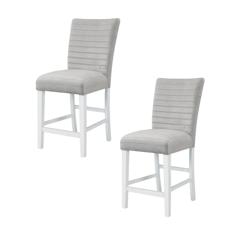 Set of Two 25" Gray and White Velvet and Solid Wood Counter Height Bar Chairs Homeroots Living Room