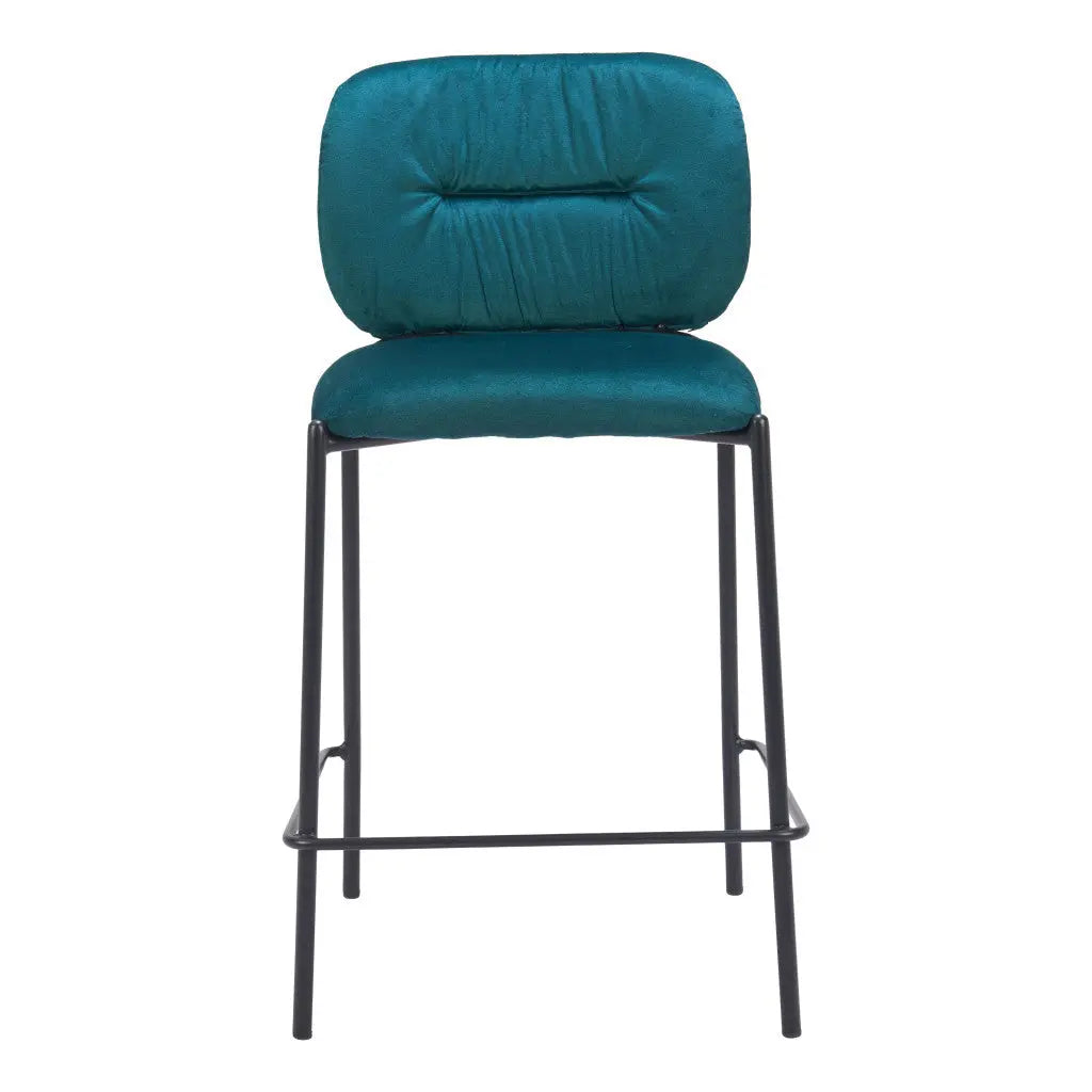 Set of Two 25" Green and Black Velvet and Steel Counter Height Bar Chairs - GreatEagleInc