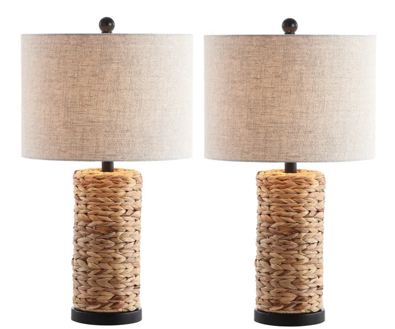 Set of Two 25" Natural And Black Bedside Lamps With Drum Shades Homeroots Lighting