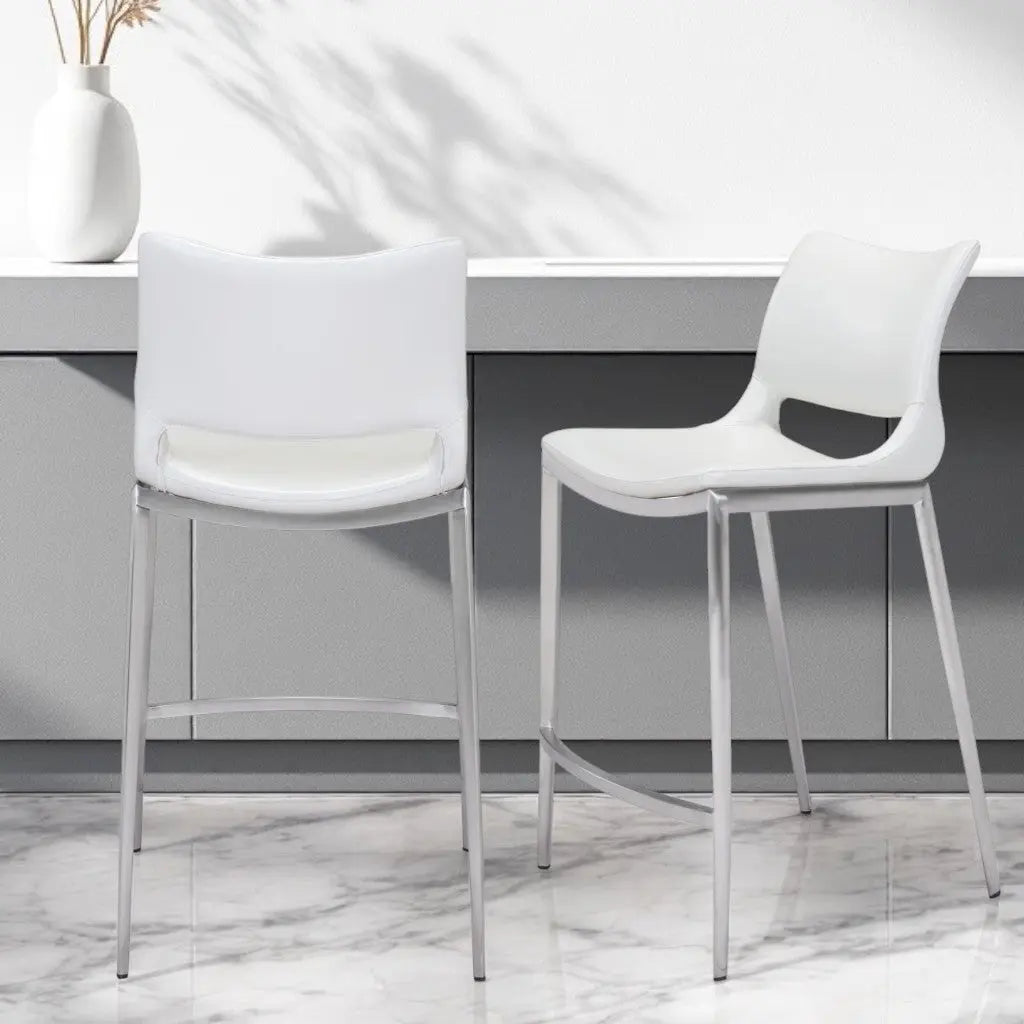 Set of Two 25" White And Silver Steel Low Back Counter Height Bar Chairs Homeroots Living Room