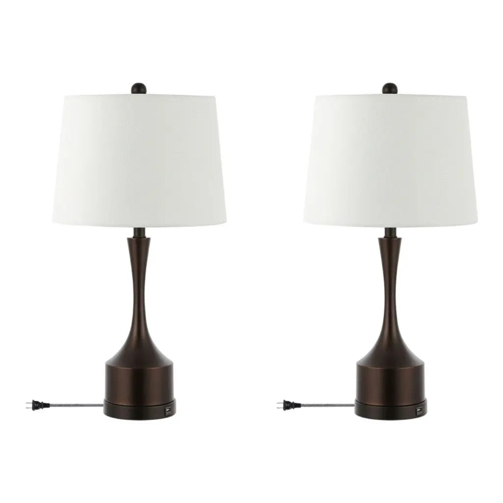 Set of Two 26" Antiqued Bronze Novelty USB Table Lamps With Empire Shades Homeroots Lighting