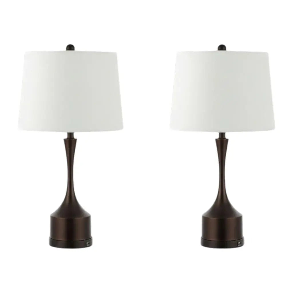 Set of Two 26" Antiqued Bronze Novelty USB Table Lamps With Empire Shades Homeroots Lighting