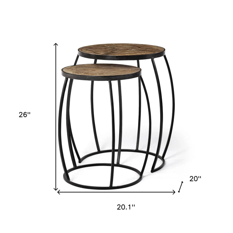 Set of Two 26" Black And Brown Solid Wood Round End Table - GreatEagleInc