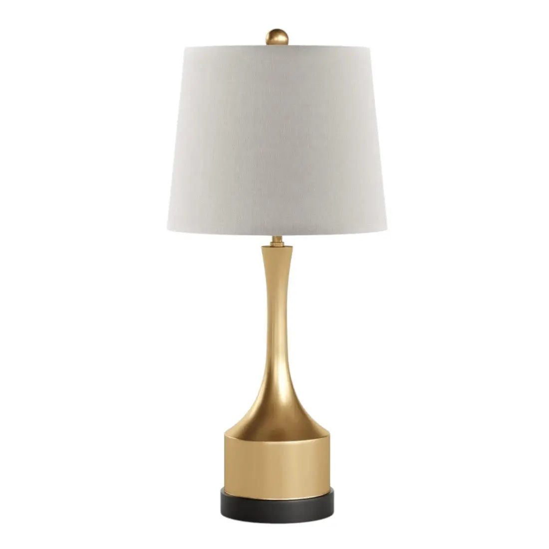 Gold and black modern table lamp with linen shade, perfect for contemporary home decor.