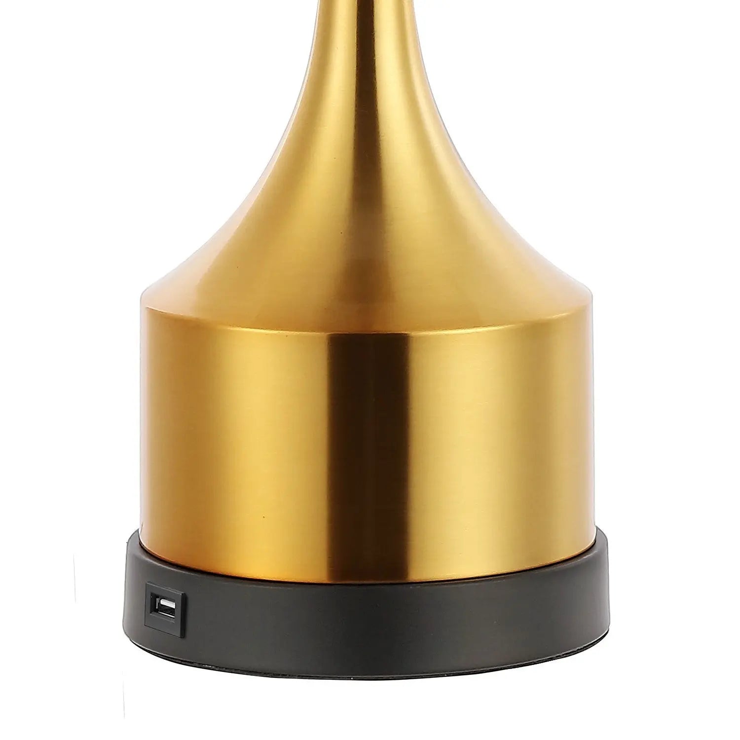 Golden metal table lamp base with USB charging port and sleek black accent, modern style for elegant home decor.
