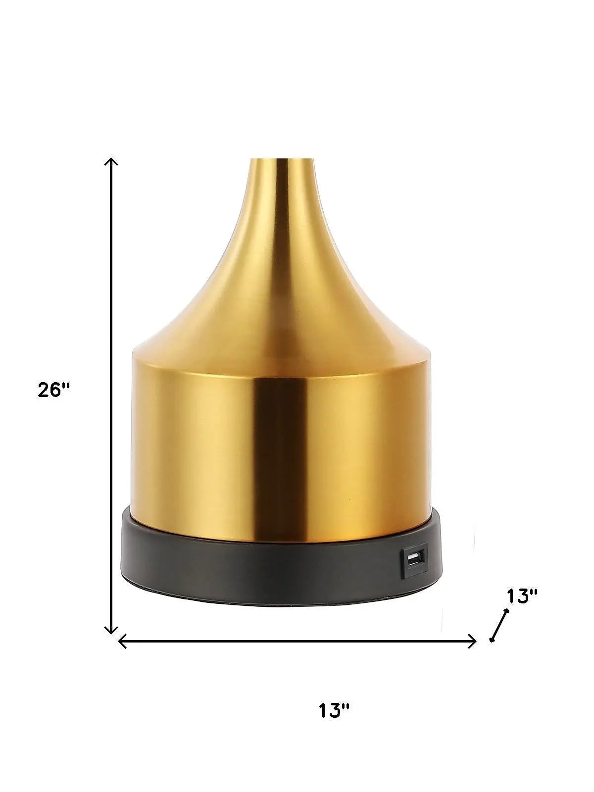 Brass modern table lamp with a sleek design, 26" tall, featuring a black base and USB charging port.