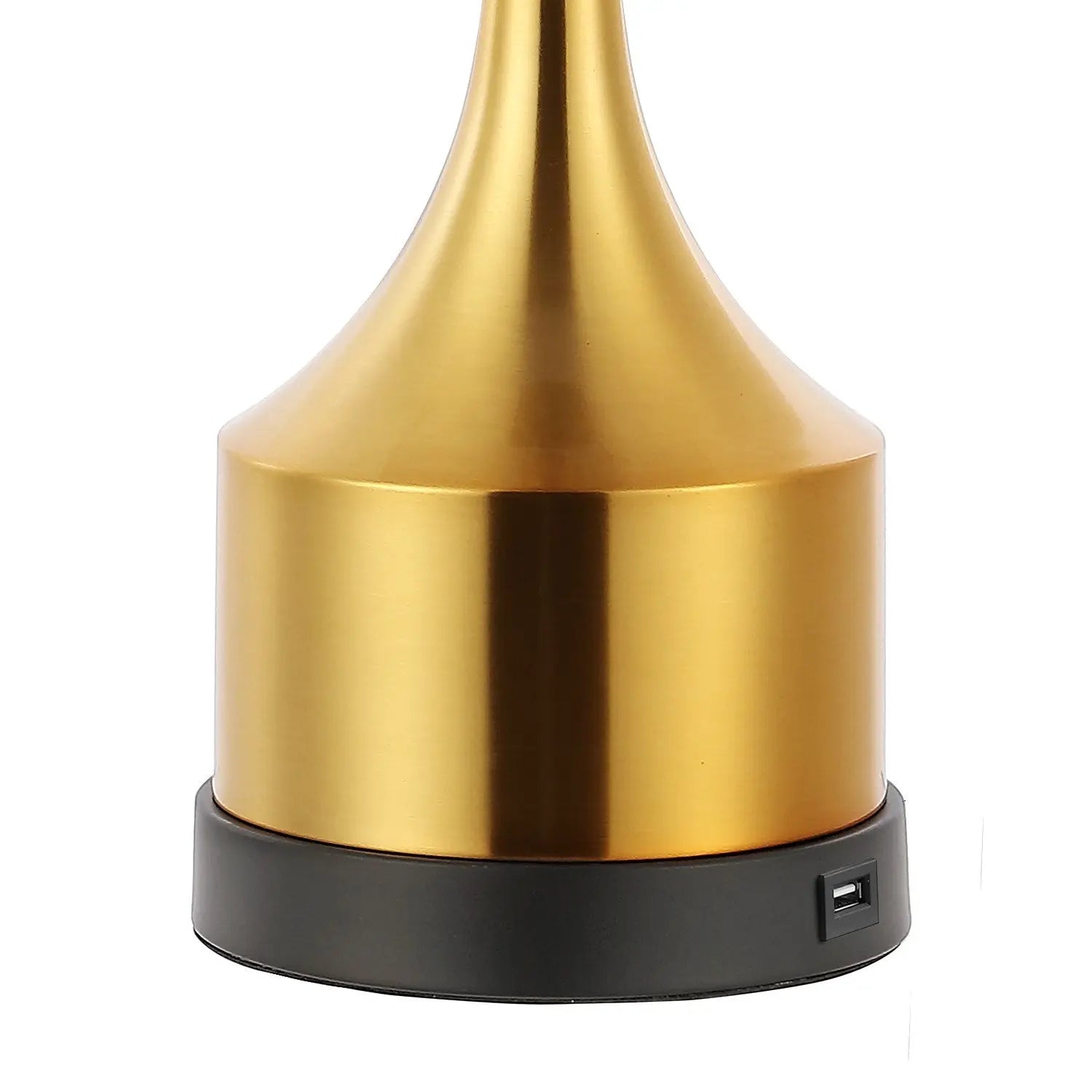 Gold metal table lamp base with a sleek black USB port, perfect for modern home decor.