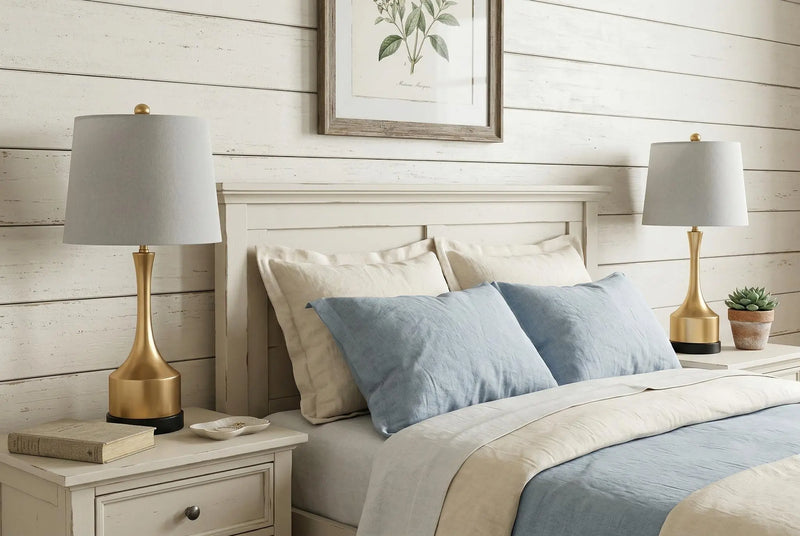 Elegant gray lamps with gold bases on white nightstands beside a light blue and beige bedspread in a cozy bedroom setting.