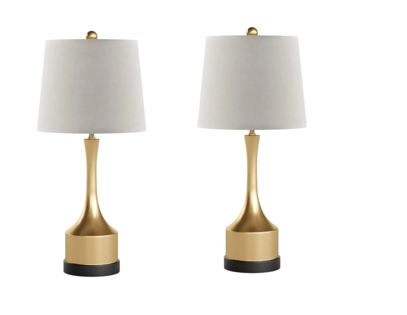 Gold and black modern table lamps with grey fabric shades, perfect for contemporary home decor.