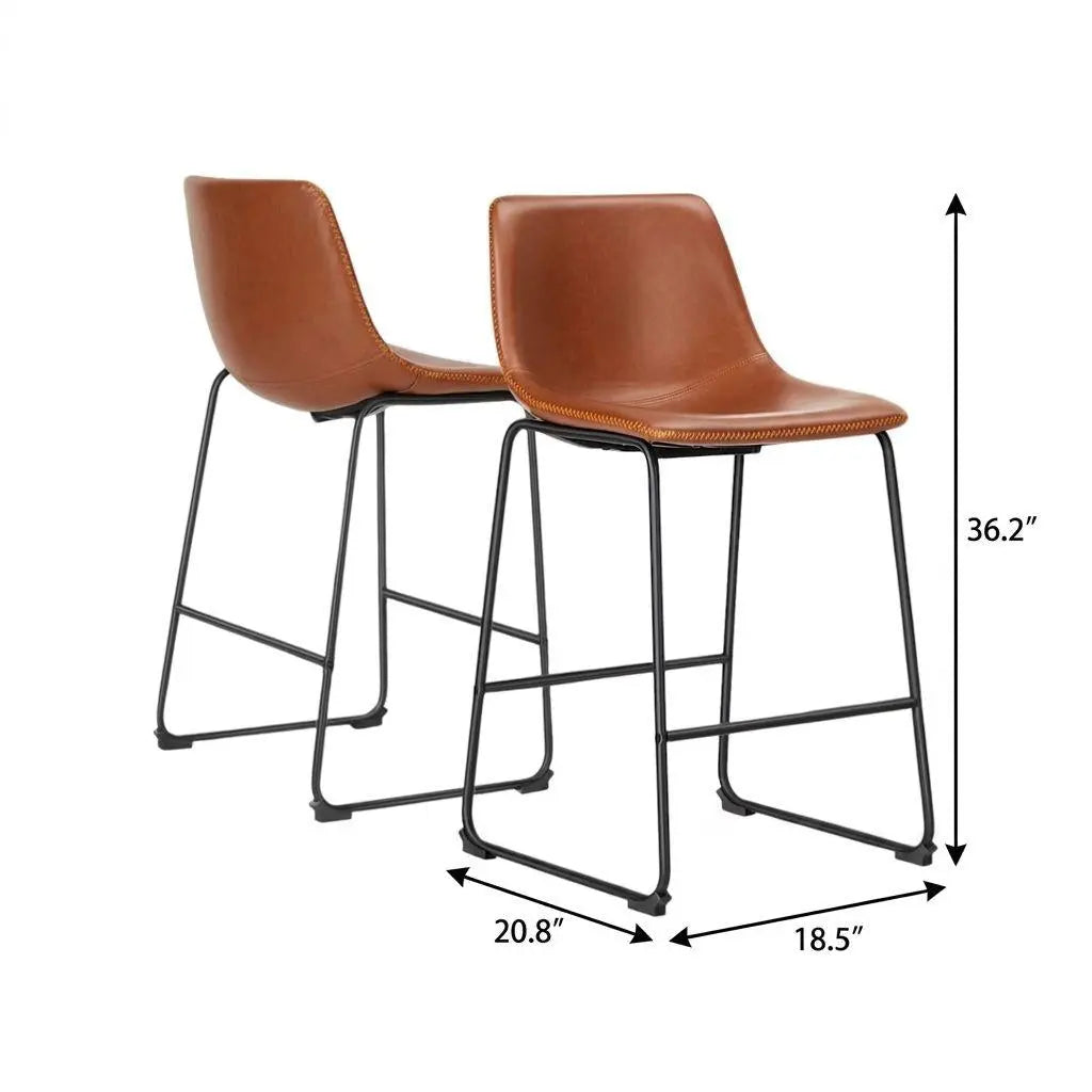 Set of Two 26" Brown and Black Faux Leather and Aluminum Counter Height Bar Chairs Homeroots Living Room