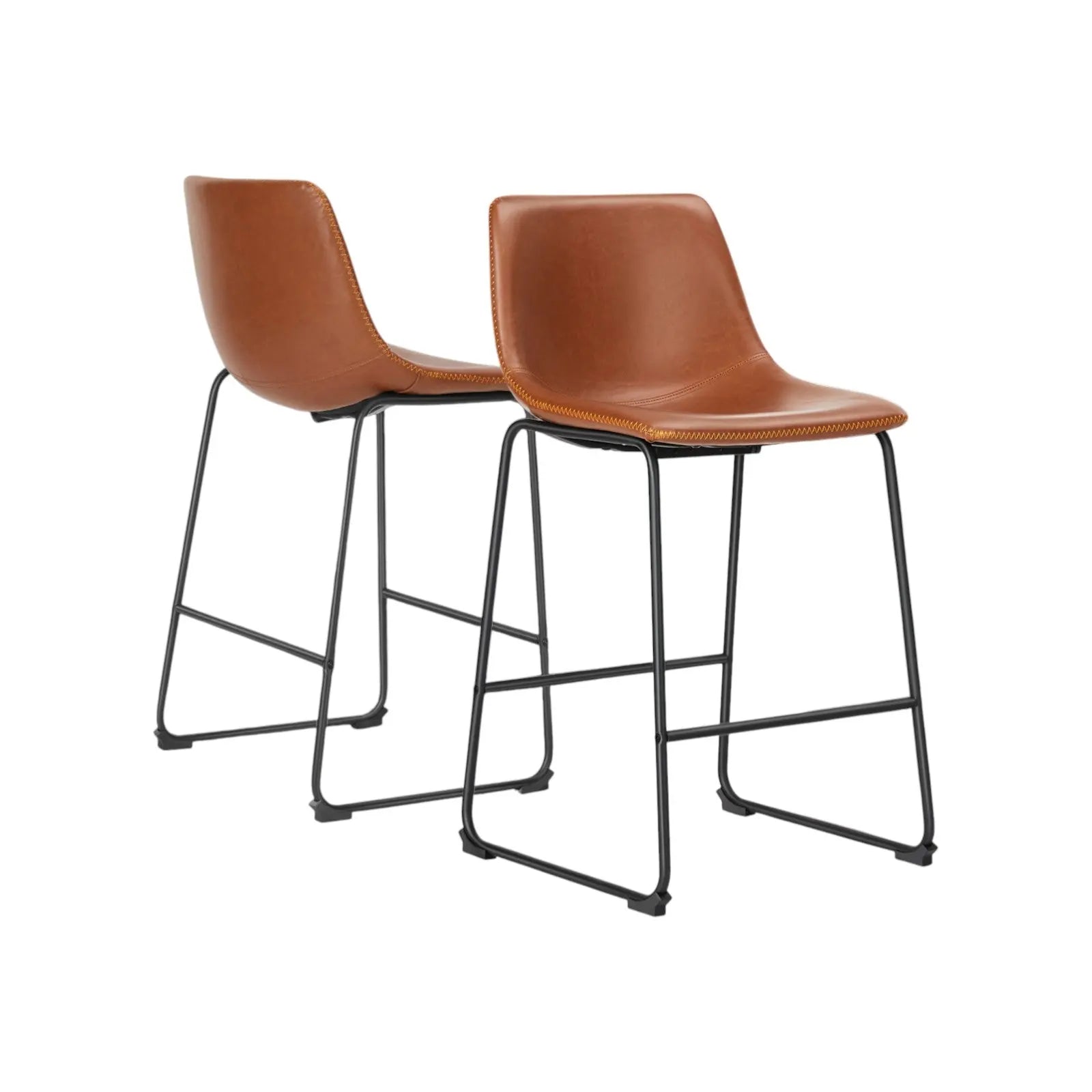Set of Two 26" Brown and Black Faux Leather and Aluminum Counter Height Bar Chairs Homeroots Living Room