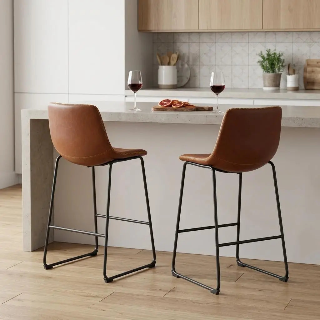 Set of Two 26" Brown and Black Faux Leather and Aluminum Counter Height Bar Chairs Homeroots Living Room