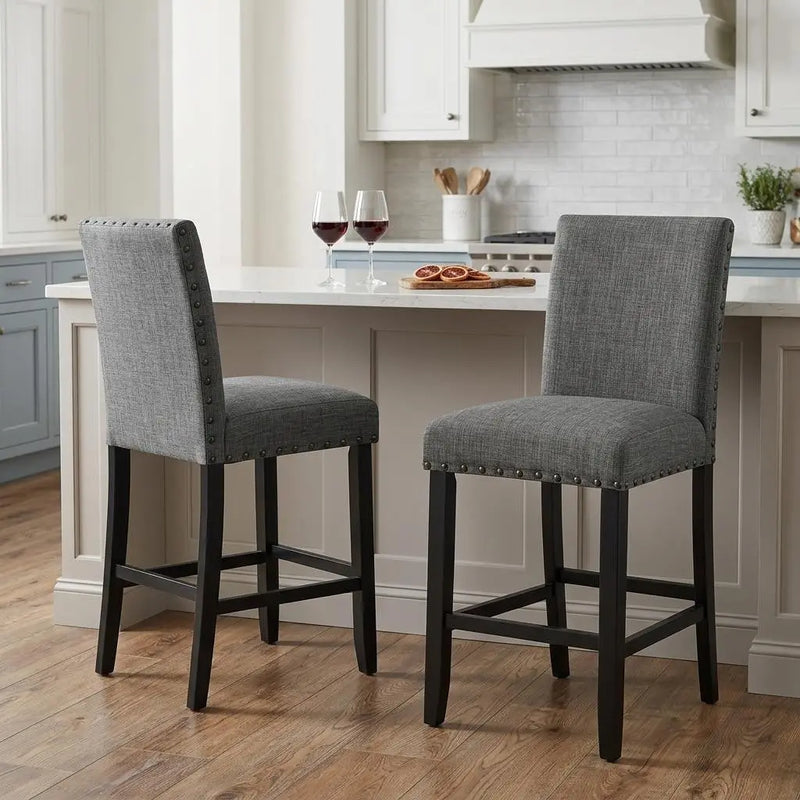 Set of Two 26" Gray and Black Wood and Fabric Counter Height Bar Chairs Homeroots Living Room