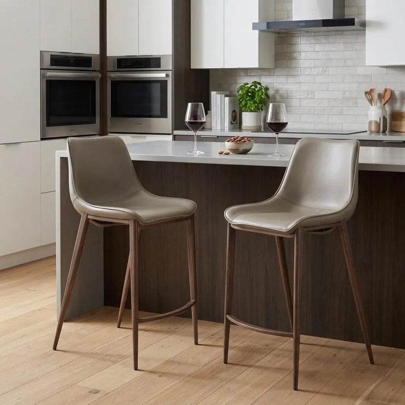Set of Two 26" Gray and Brown Faux Leather and Steel Low Back Counter Height Bar Chairs Homeroots Living Room