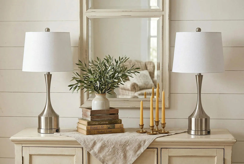 Set of Two 26" Nickel Novelty Table Lamps With Empire Shades Homeroots Lighting