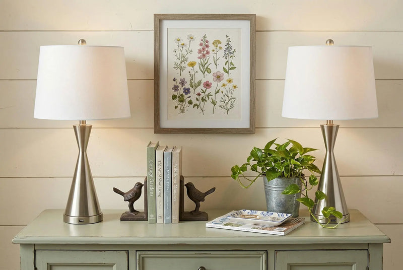 Set of Two 26" Nickel Novelty Table Lamps With Empire Shades Homeroots Lighting