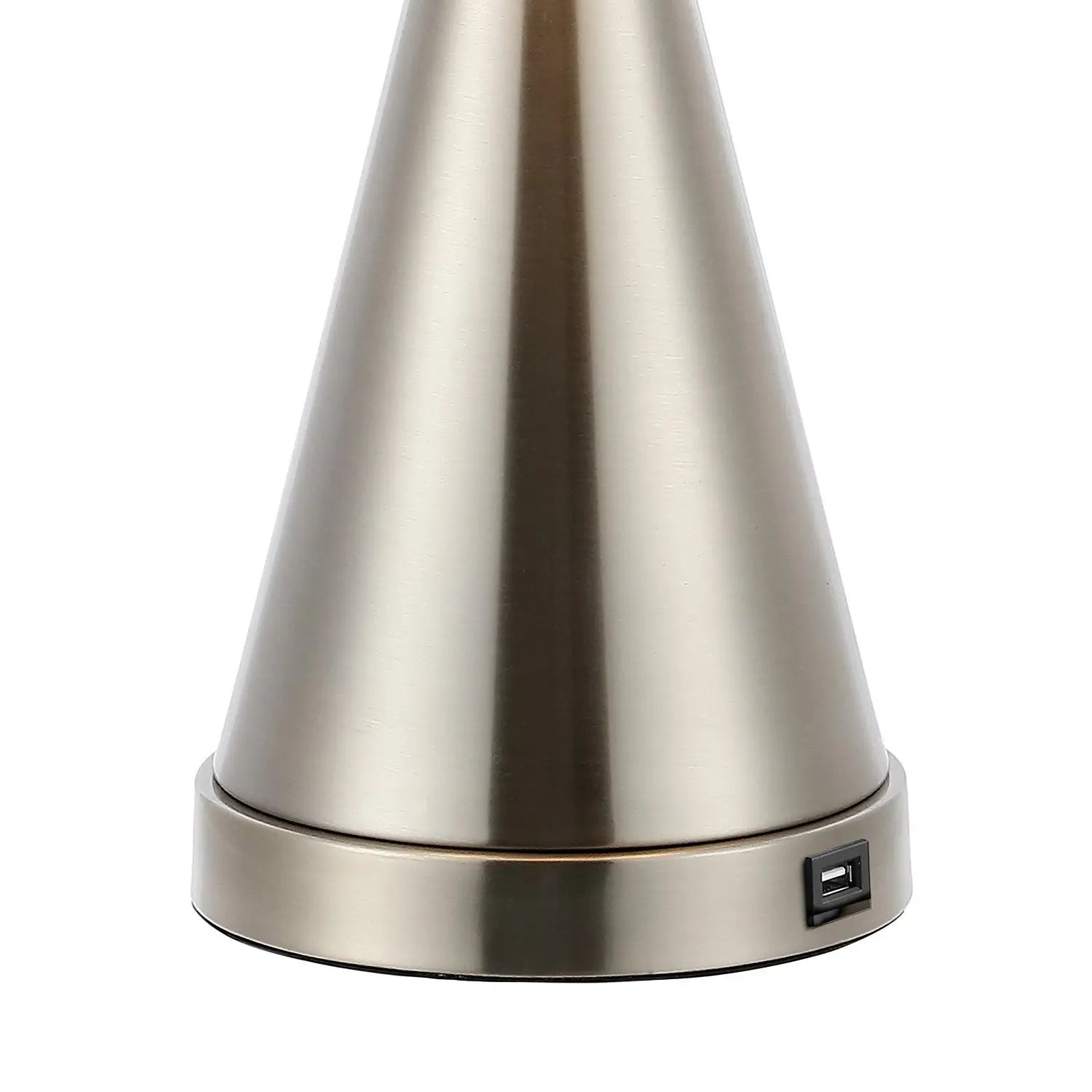 Brushed nickel cone table lamp base with USB charging port, sleek modern design, perfect for home or office.