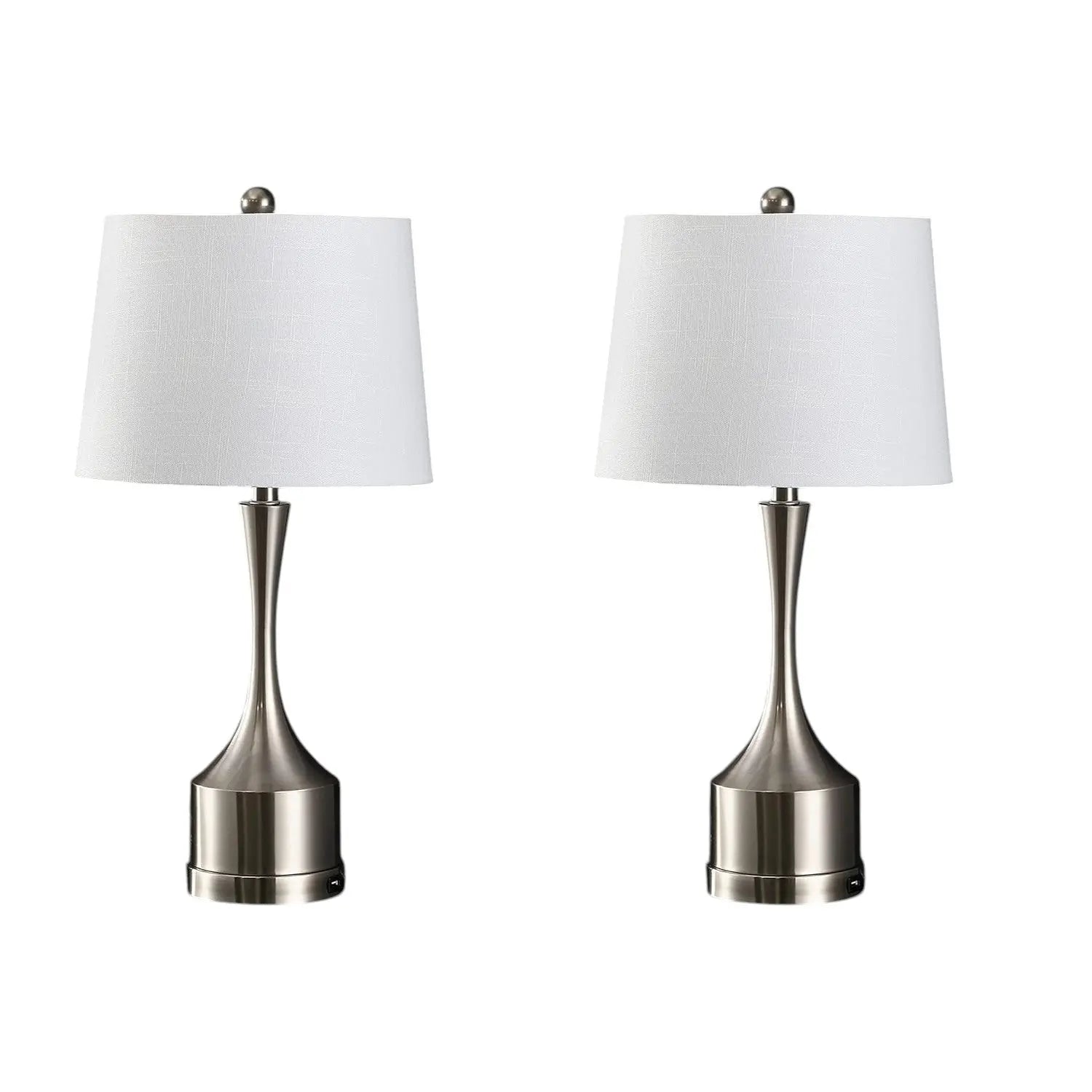 Set of 2 modern silver table lamps with white fabric shades and sleek, tapered design. Perfect for stylish lighting.