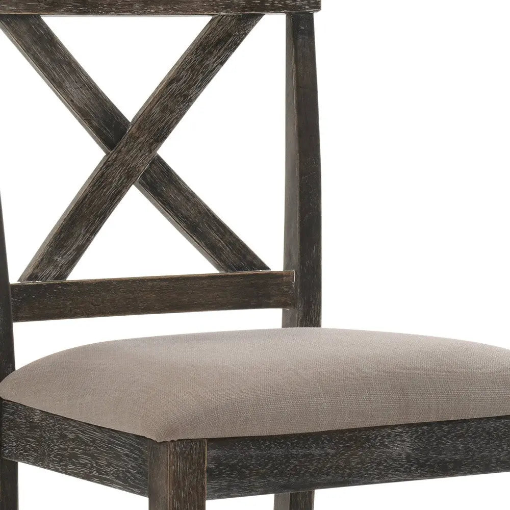 Set of Two 26" Tan and Dark Gray Linen and Solid Wood Counter Height Bar Chairs Homeroots Living Room