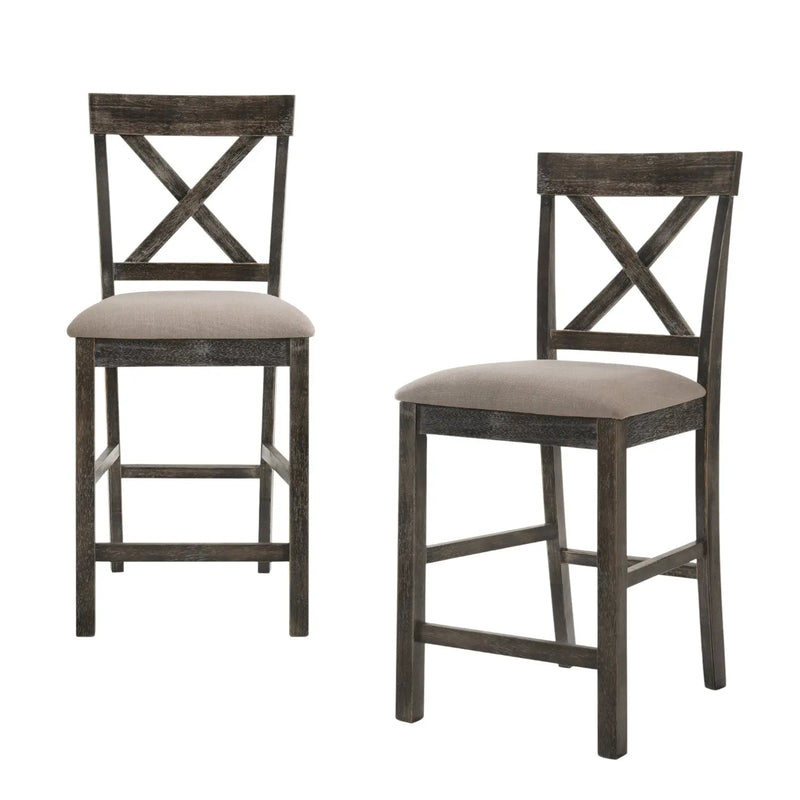 Set of Two 26" Tan and Dark Gray Linen and Solid Wood Counter Height Bar Chairs Homeroots Living Room