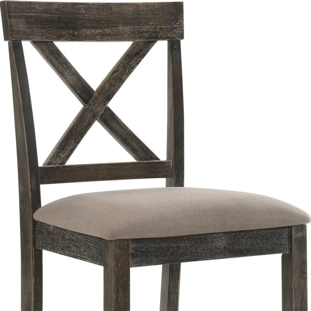 Set of Two 26" Tan and Dark Gray Linen and Solid Wood Counter Height Bar Chairs Homeroots Living Room