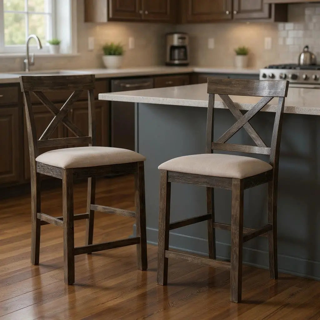 Set of Two 26" Tan and Dark Gray Linen and Solid Wood Counter Height Bar Chairs Homeroots Living Room