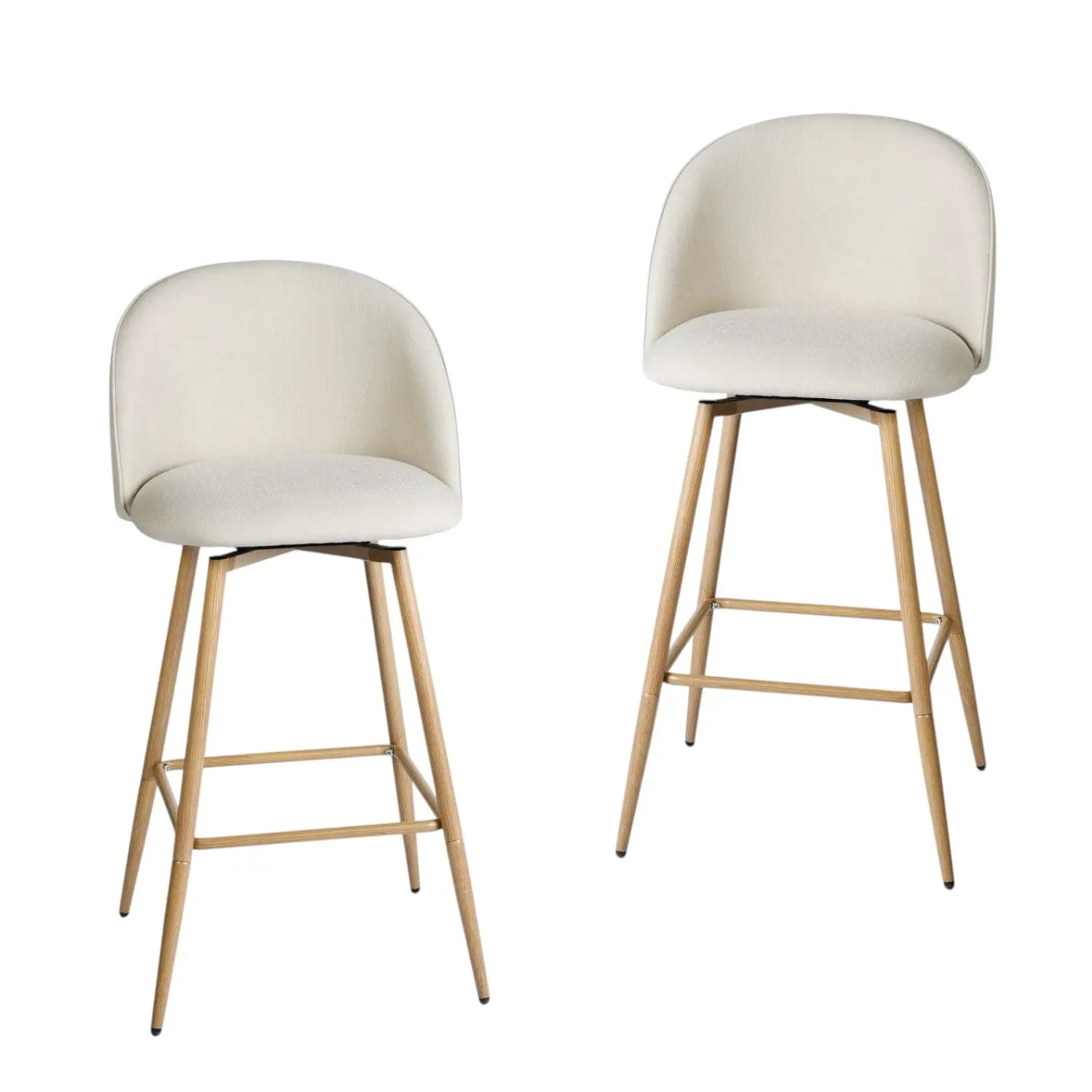 Set of Two 27" Beige and Oak Fabric and Metal Counter Height Swivel Bar Chairs Homeroots Living Room