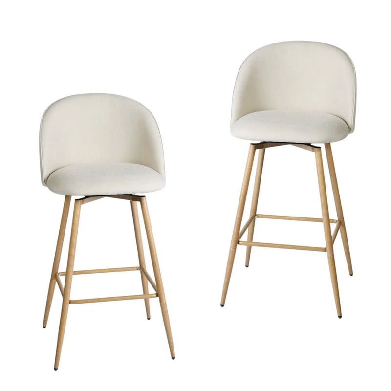 Set of Two 27" Beige and Oak Fabric and Metal Counter Height Swivel Bar Chairs Homeroots Living Room