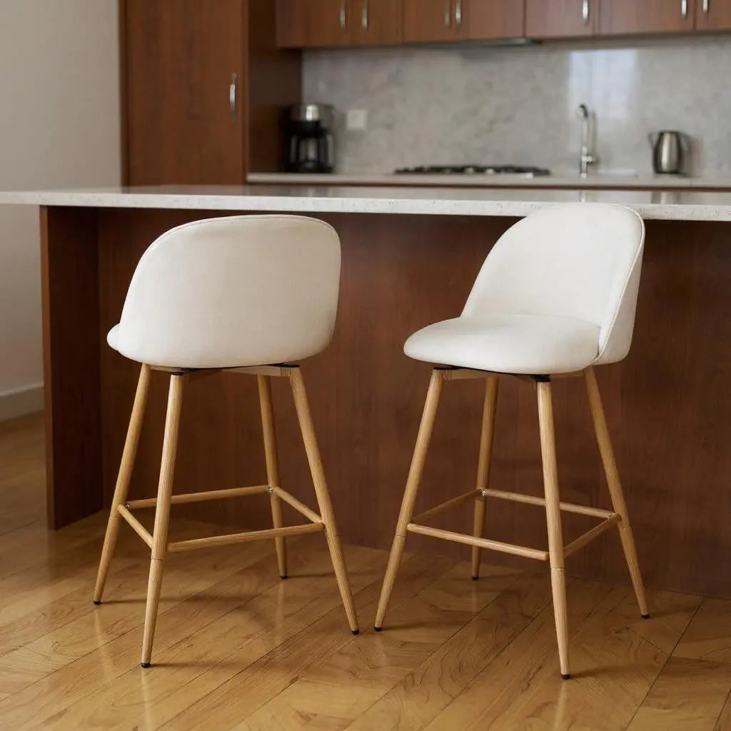 Set of Two 27" Beige and Oak Fabric and Metal Counter Height Swivel Bar Chairs Homeroots Living Room