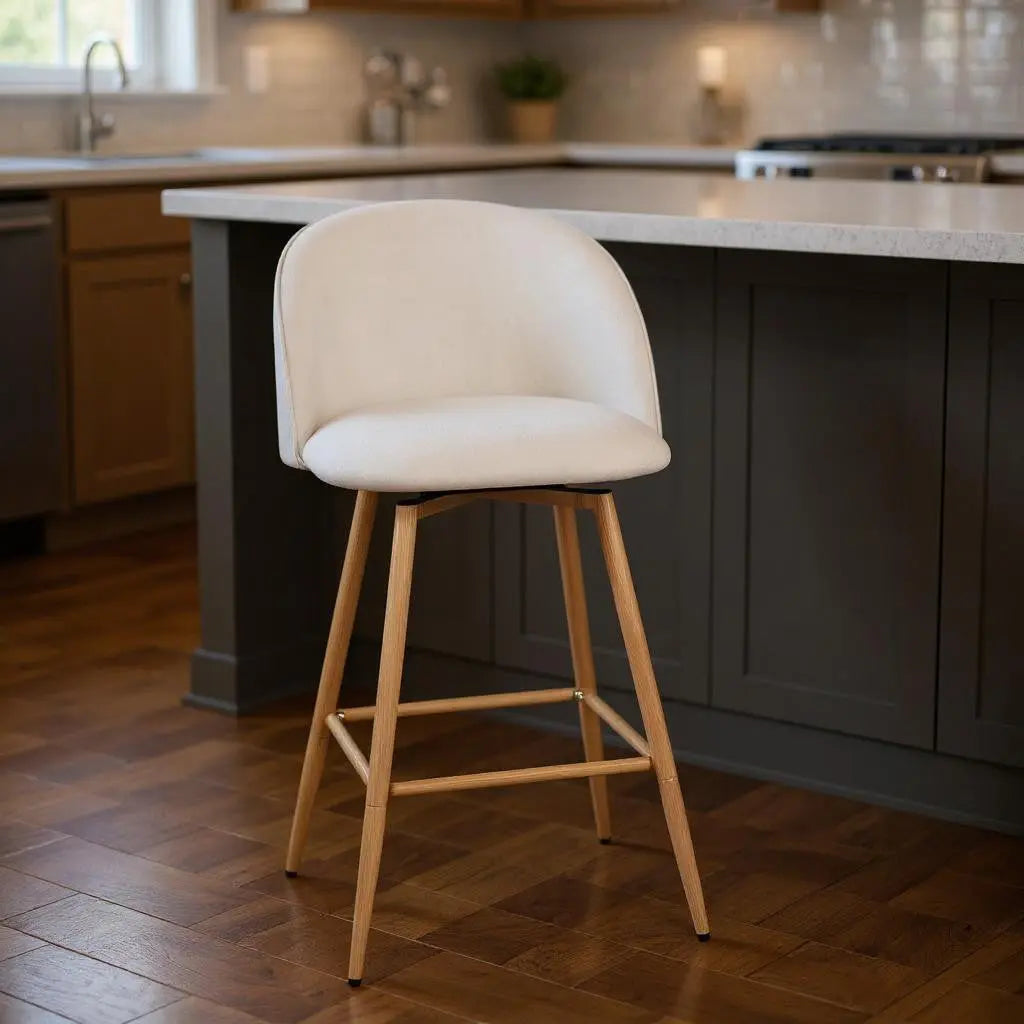 Set of Two 27" Beige and Oak Fabric and Metal Counter Height Swivel Bar Chairs Homeroots Living Room