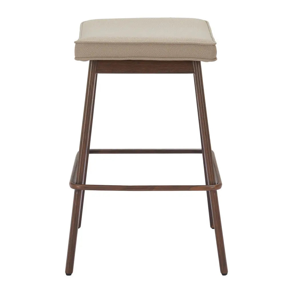 Set of Two 27" Beige and Walnut Faux Leather and Steel Backless Counter Height Bar Chairs Homeroots Living Room