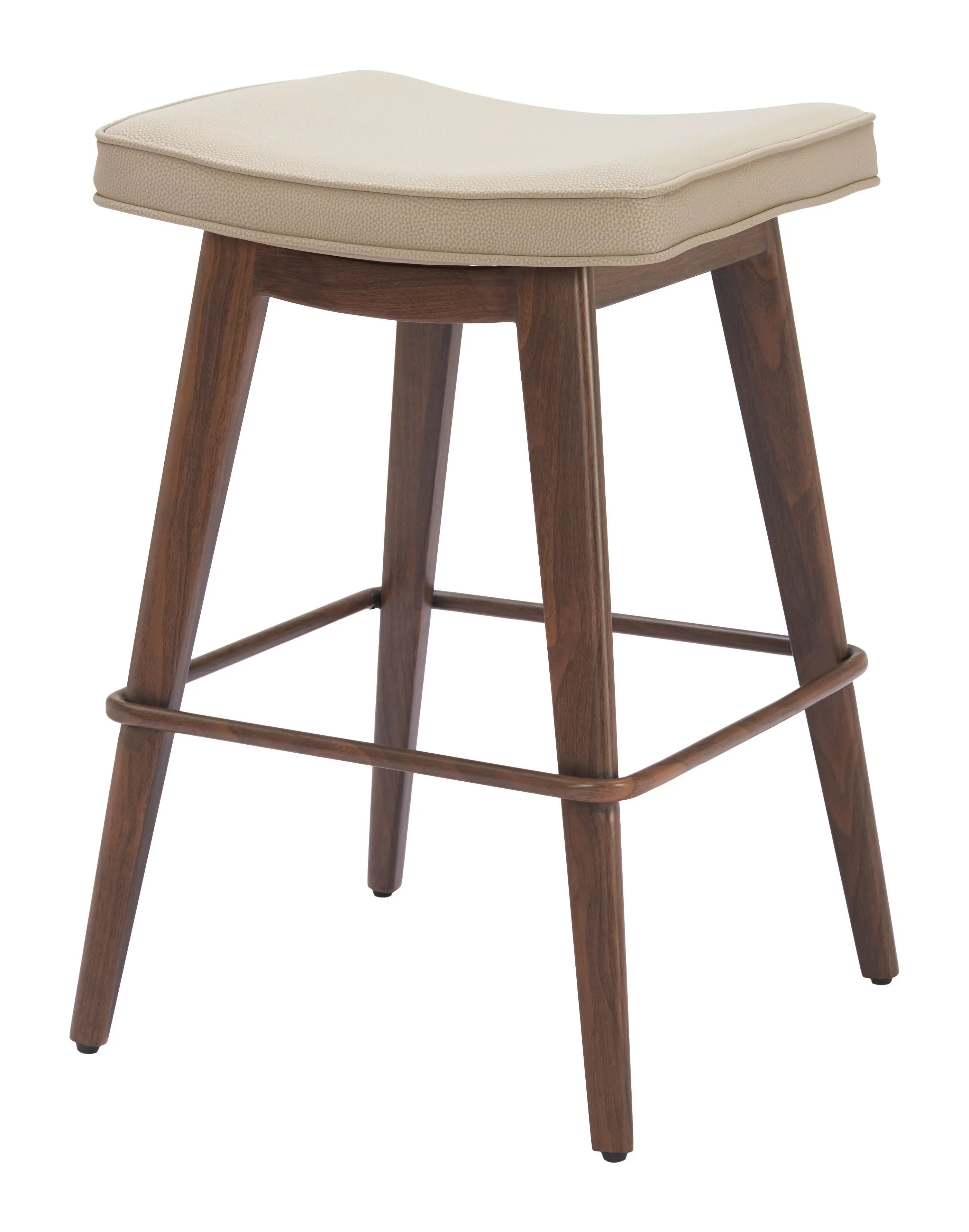 Set of Two 27" Beige and Walnut Faux Leather and Steel Backless Counter Height Bar Chairs - GreatEagleInc