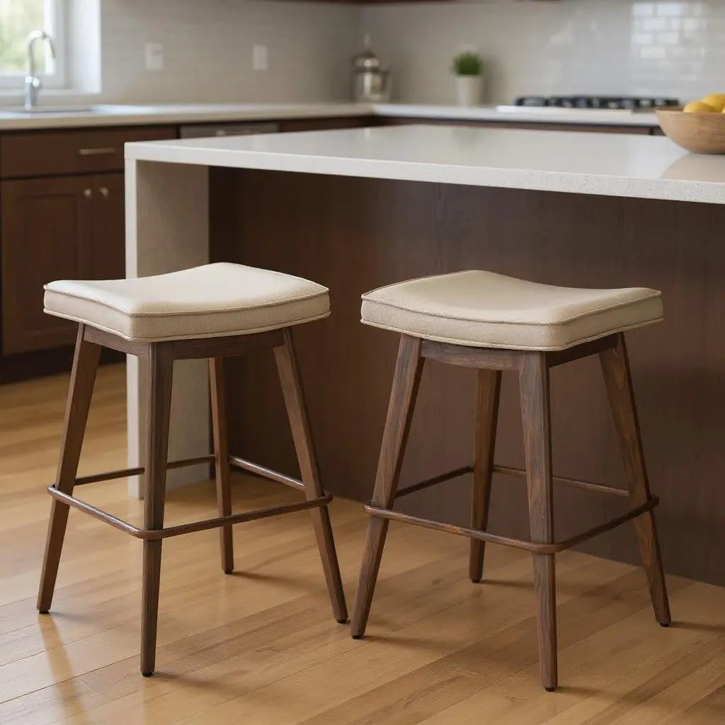 Set of Two 27" Beige and Walnut Faux Leather and Steel Backless Counter Height Bar Chairs - GreatEagleInc