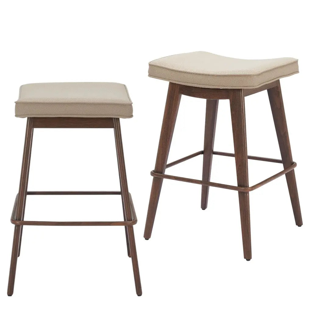 Set of Two 27" Beige and Walnut Faux Leather and Steel Backless Counter Height Bar Chairs - GreatEagleInc