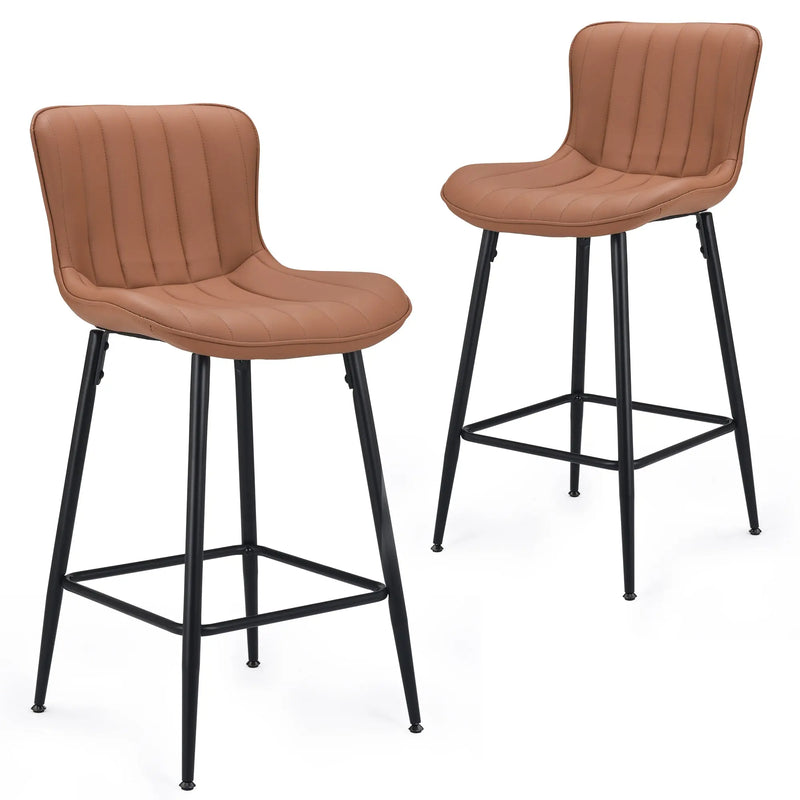 Set of Two 27" Brown and Black Faux Leather and Metal Low Back Counter Height Bar Chairs Homeroots Living Room
