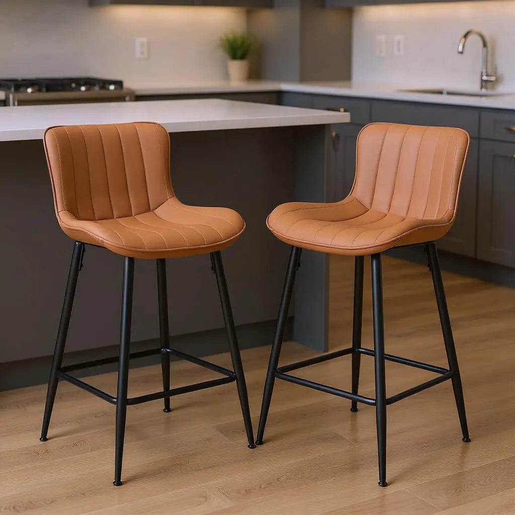 Set of Two 27" Brown and Black Faux Leather and Metal Low Back Counter Height Bar Chairs Homeroots Living Room