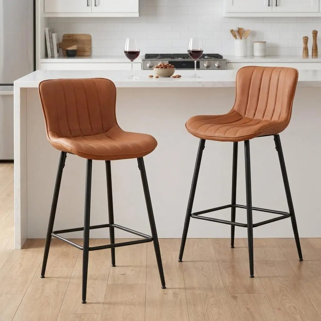 Set of Two 27" Brown and Black Faux Leather and Metal Low Back Counter Height Bar Chairs Homeroots Living Room