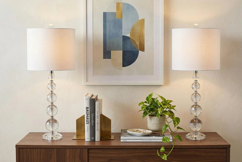 Set of Two 27" Clear Table Lamps With Drum Shades Homeroots Lighting